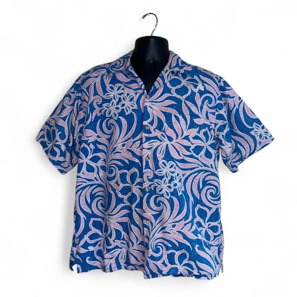 Go Barefoot Vintage Hawaiian Aloha Shirt Blue and Pink Floral Print